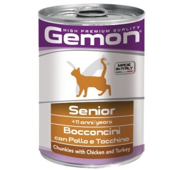 Gemon Cat консервы для пожилых кошек кусочки курицы с индейкой 415г